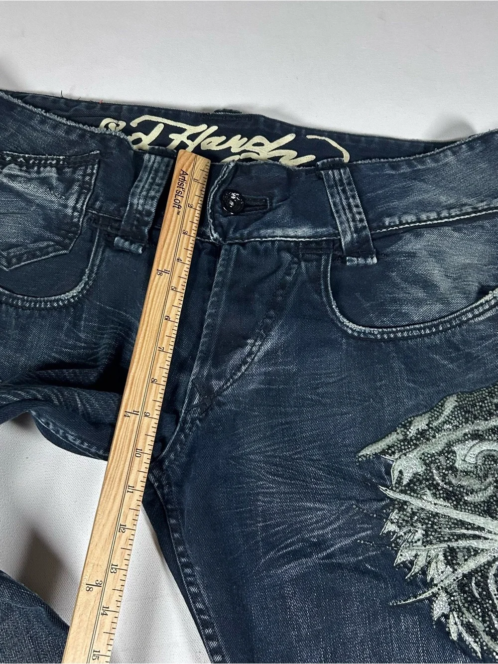 Ed Hardy Tiger Embroidery Jeans 38x32 Distressed Y2K Denim Pants Baggy Bedazzled